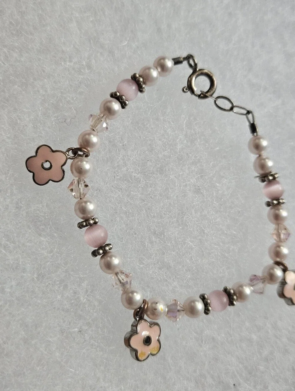 Delicate Pink Flower Charm Beaded Sterling Silver Bracelet Lenght 5